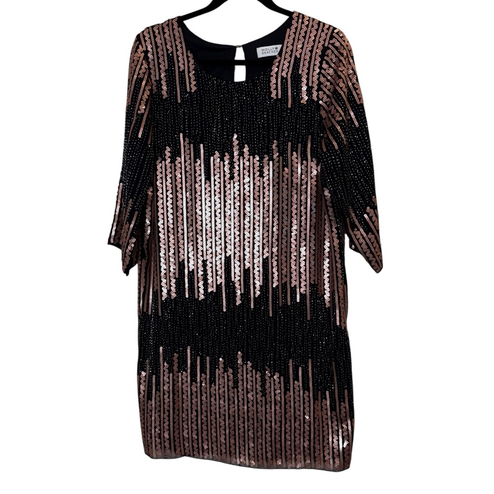 Molly Bracken Black and Rose Gold Holiday Party Sequin Sleeve Midi Dress sz M